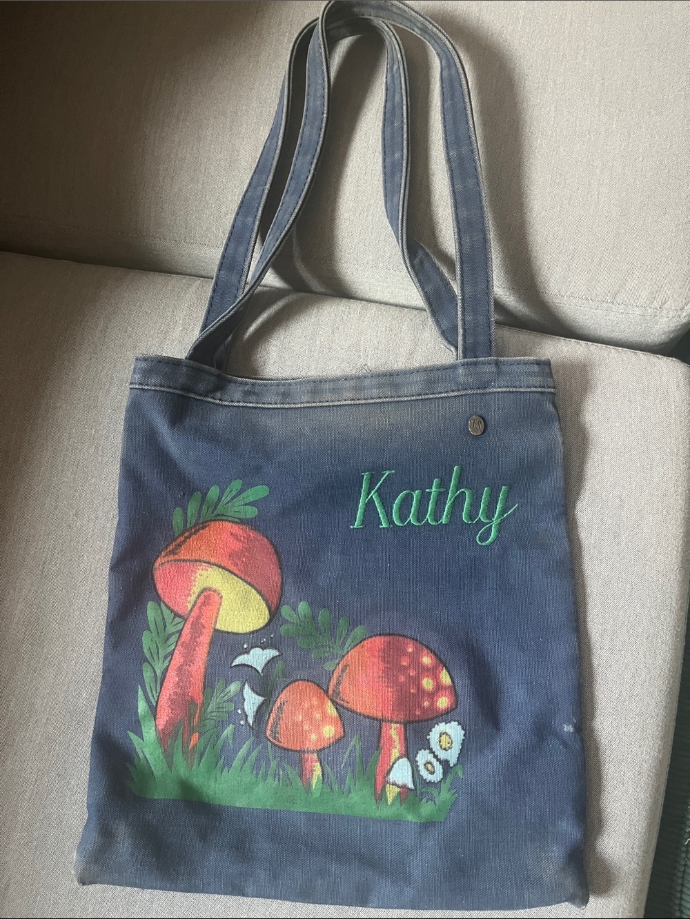 Vintage Navy Denim Tote Bag with Handpainted Mushrooms - Kathy